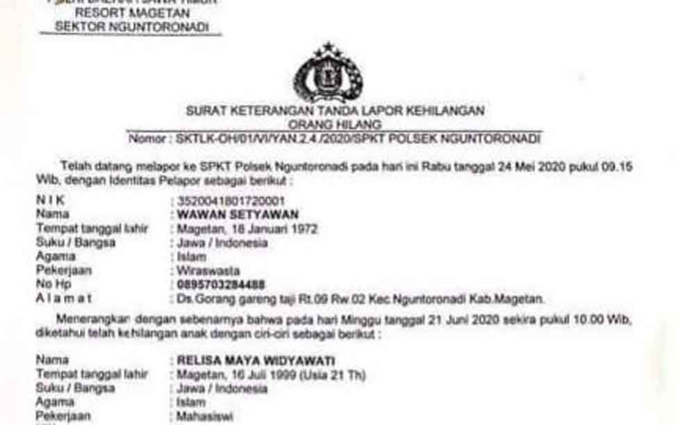 Laporan orang tua Relisa Maya Widyawati kepada polisi