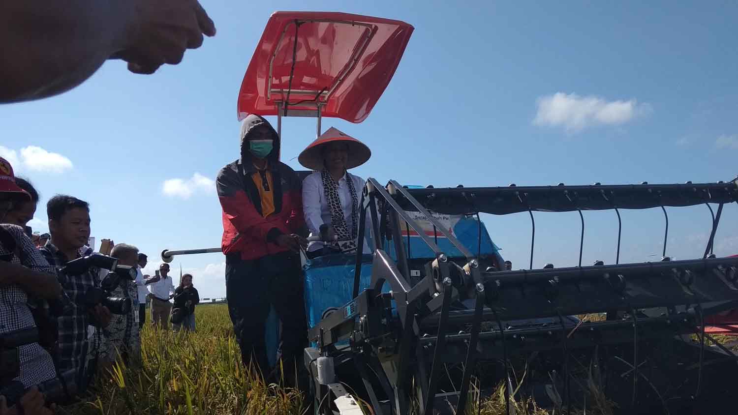 Menteri Rini menjajal traktor di sawah.