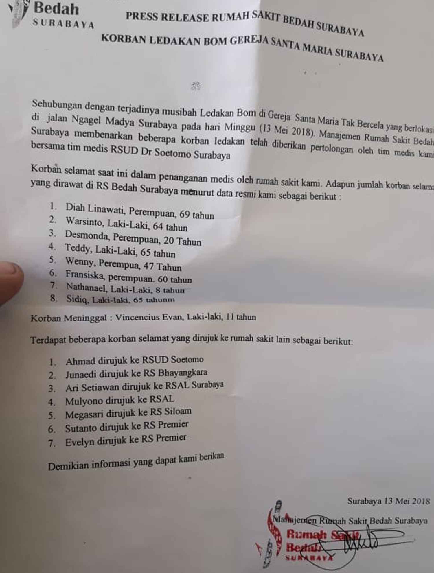 Rilis jumlah korban bom gereja di Ngagel.