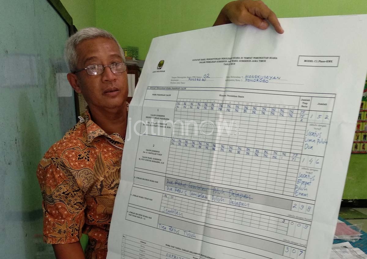 Petugas menunjukkan hasil perhitungan coblosan.