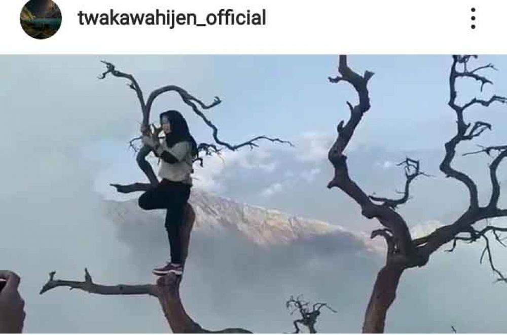Tangkapan layar perempuan manjat pohon di puncak TWA Kawah Ijen
