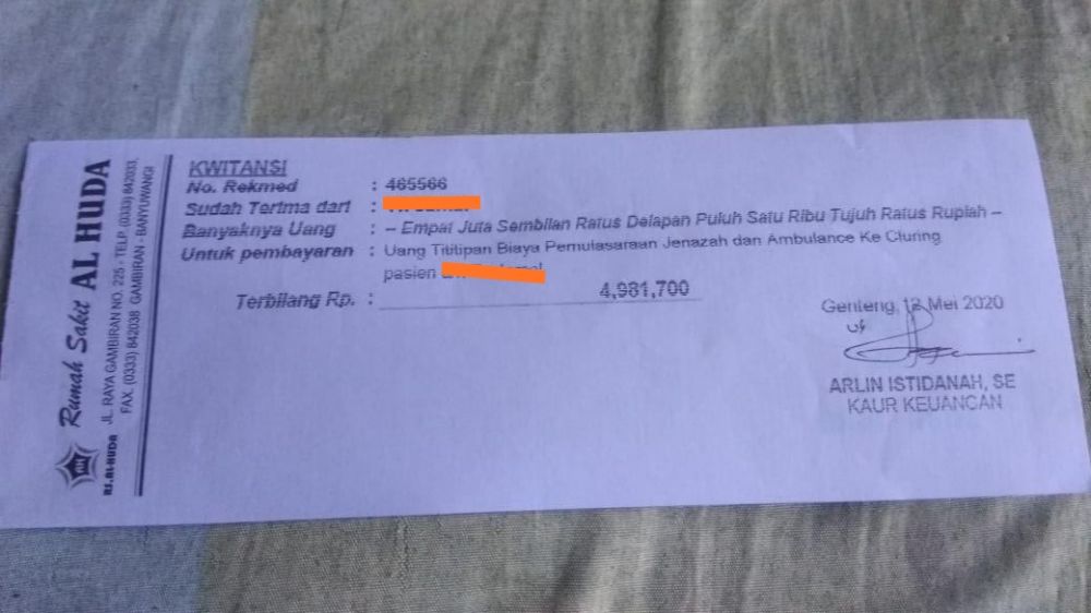 Kwitansi biaya bagi keluarga PDP yang meninggal dunia