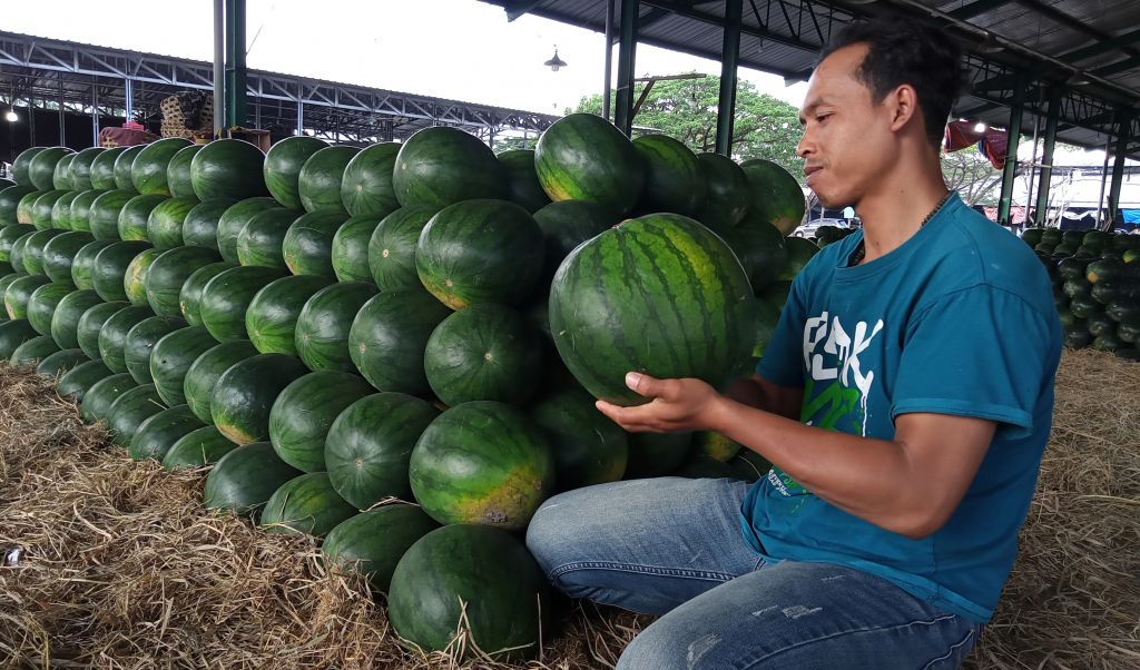 Semangka jumbo yang dijual di salah satu lapak pedagang PIOS (Foto: Sahlul Fahmi/jatimnow.com)