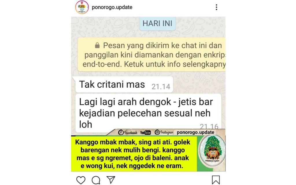Kabar begal payudara yang diposting akun Instagram @ponorogo.update

