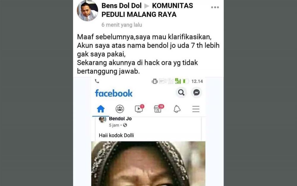 Tangkapan layar klarifikasi pemilik akun Facebook penghina Wali Kota Risma yang beredar