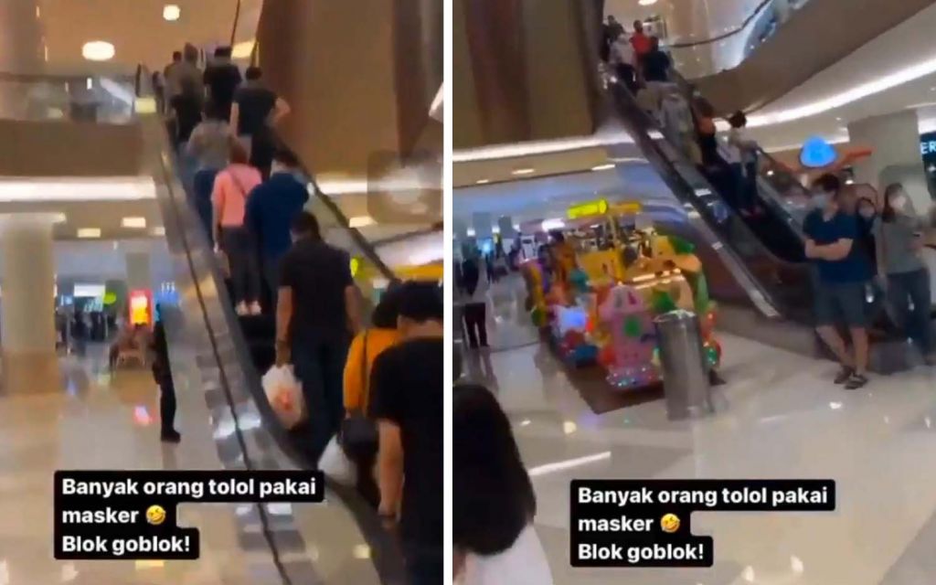 Kolase tangkapan layar video pria sebut pengunjung mmal bermasker orang tolol yang viral di media sosial