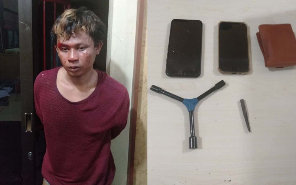 Pencuri motor yang dihajar warga dan barang bukti alat yang dipakainya saat mencuri di Surabaya