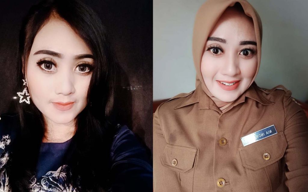 Kolase foto Nia saat hendak bernyanyi dangdut dan kini saat menjadi pejabat desa di Bojonegoro