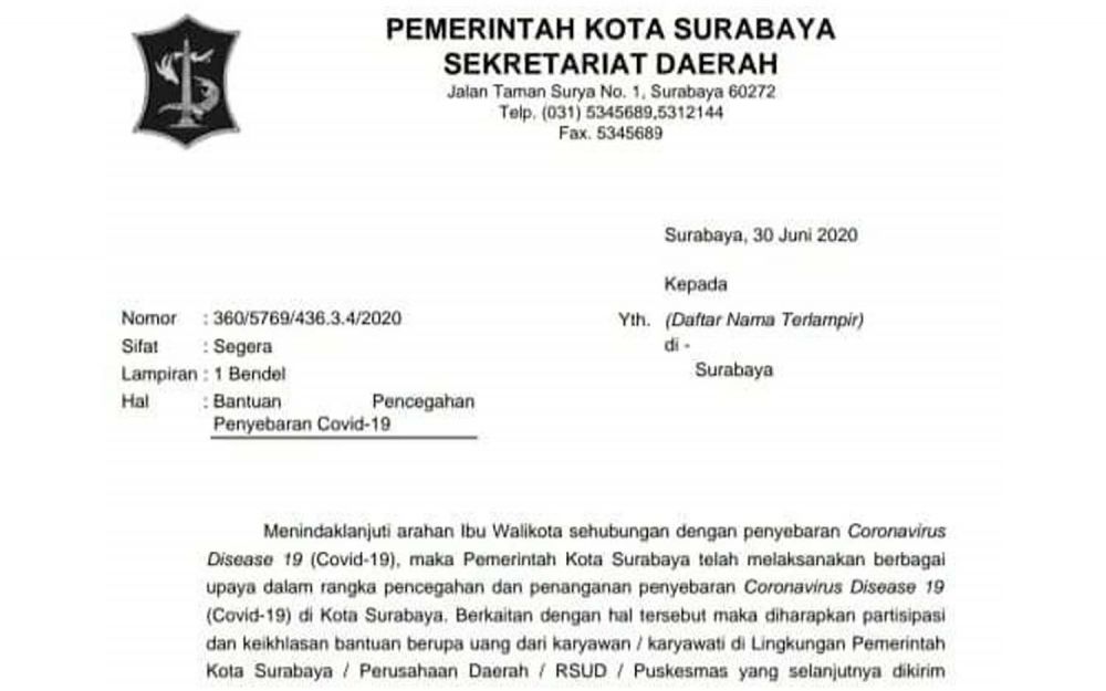 Surat penggalangan dana dari Pemkot Surabaya yang beredar