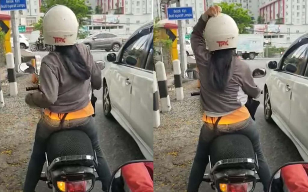 Kolase tangkapan layar video viral pemotor wanita berjoget di atas motor saat berkendara