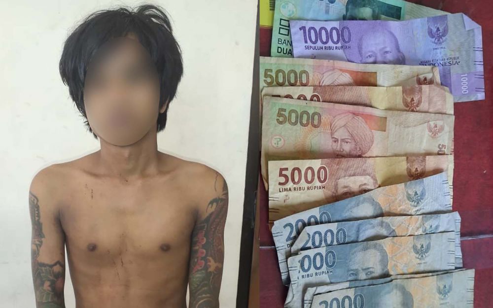 Kolase pelaku dan uang Rp 60 ribu yang dicurinya diamankan di Mapolsek Rungkut, Surabaya