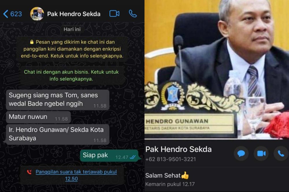 Tangkapan layar chating penipu yang mencatut nama Sekkota Surabaya Hendro Gunawan