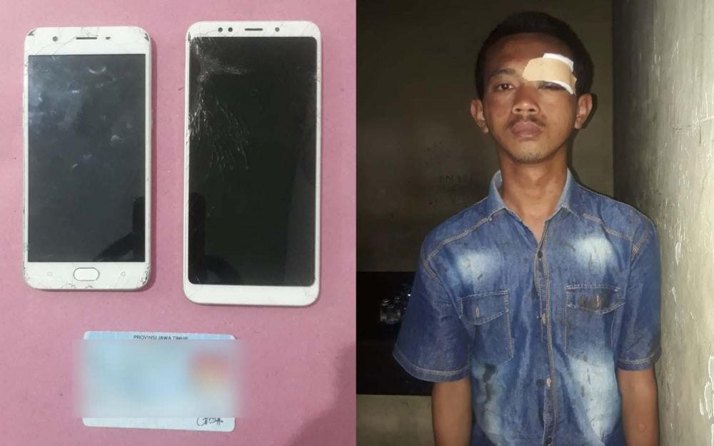Kolase pelaku penipuan dan HP korban yang dibawa kabur pelaku diamankan di Mapolsek Pandaan, Pasuruan
