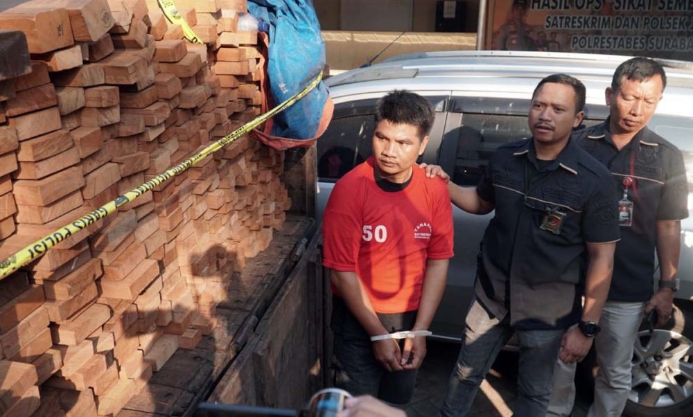 Kanit Resmob Polrestabes Surabaya Iptu Bima Sakti menunjukkan satu perampok dan barang bukti truk bermuatan kayu yang dibajak di Tol Romokalisari