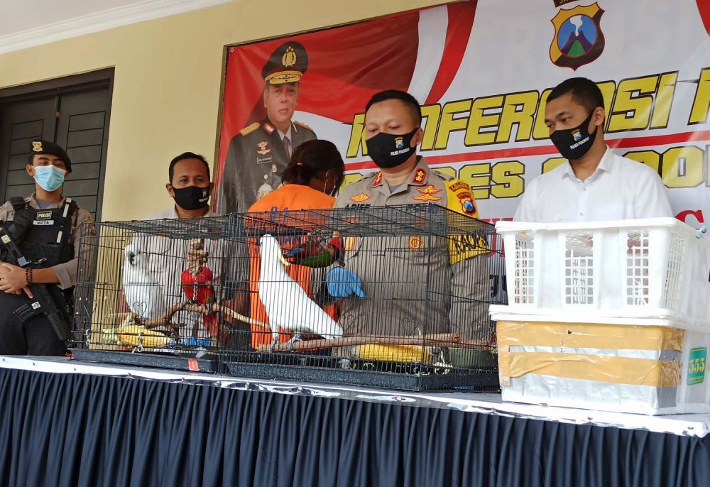 Kapolres Ponorogo AKBP Arief Fitrianto menunjukkan pelaku dan empat burung dilindungi yang dijual pelaku secara online