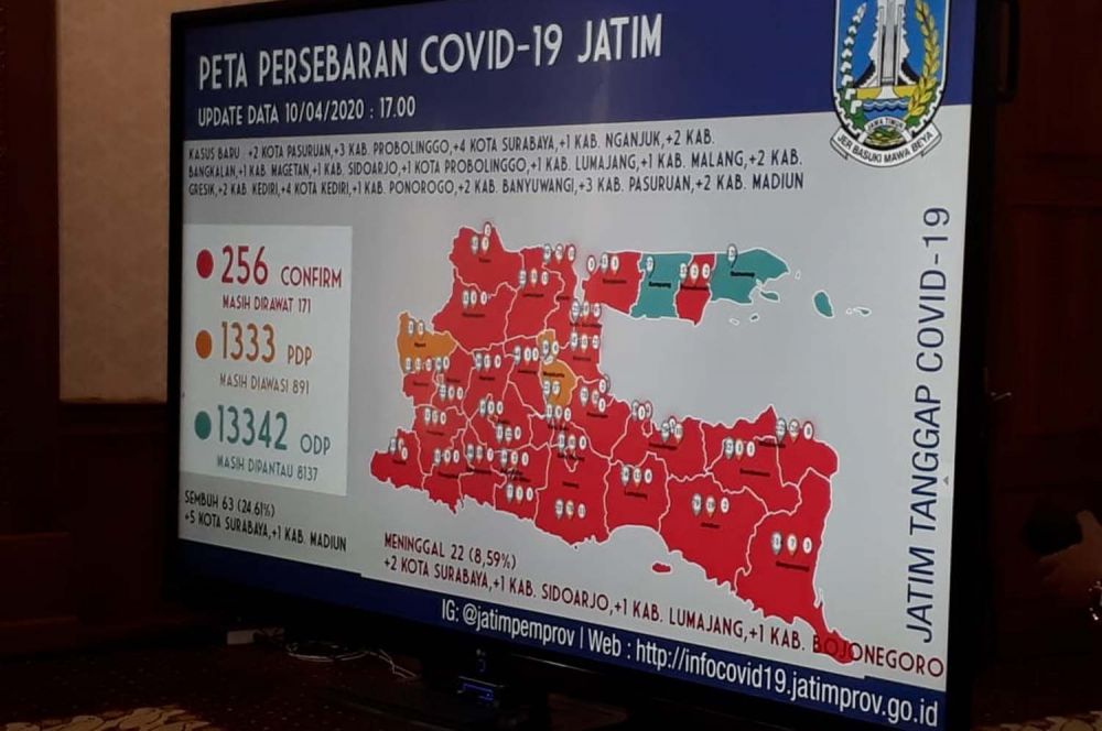 Peta sebaran Covid-19 di Jatim hingga Jumat (10/4/2020)