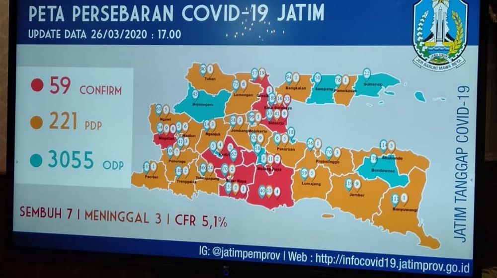 Sebaran Covid-19 di Jatim per pukul 16.00 Wib, Kamis (26/3/2020)