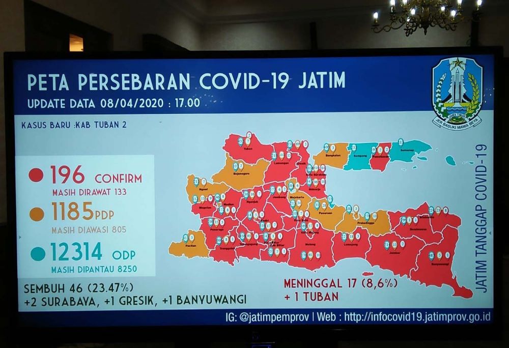 Peta sebaran Covid-19 di Jatim per 8 April 2020
