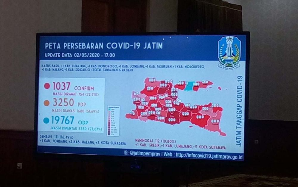 Peta sebaran Covid-19 di Jatim per 2 Mei 2020