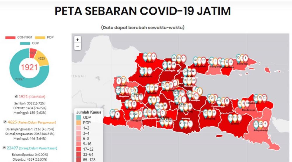 Peta sebaran Covid-19 di Jatim per 15 Mei 2020