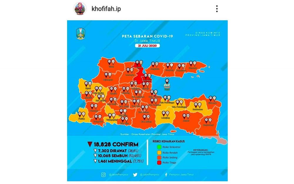 Peta sebaran Covid-19 di Jatim per 21 Juli 2020 (Foto: Instagram Gubernur Jatim Khofifah Indar Parawansa)