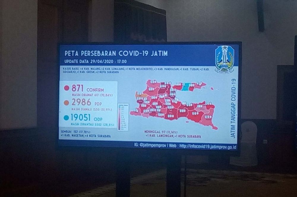 Peta sebaran Covid-19 di Jatim per 29 April 2020