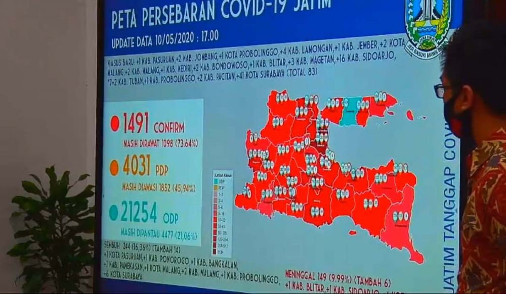Peta sebaran Covid-19 di Jatim per 10 Mei 2020