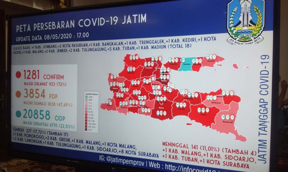 Peta sebaran Covid di Jatim per 8 Mei 2020