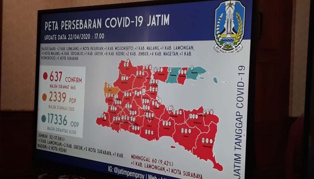 Peta sebaran Virus Corona di Jatim per 22 April 2020