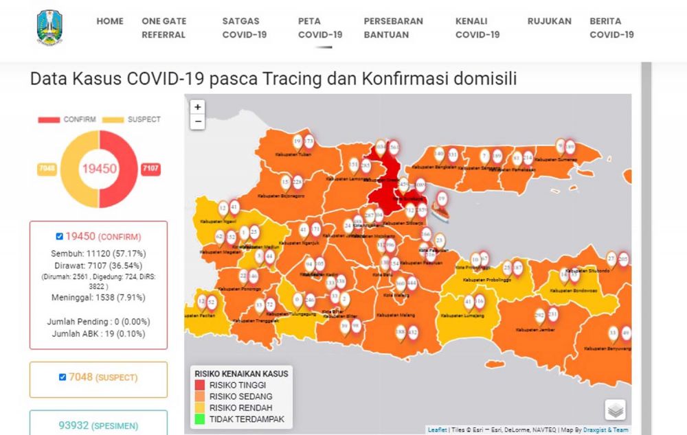 Peta sebaran kasus Covid-19 di Jawa Timur