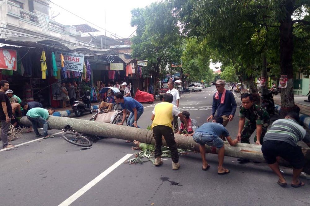 Warga mengevakuasi pohon tumbang yang menimpa becak di Tulungagung