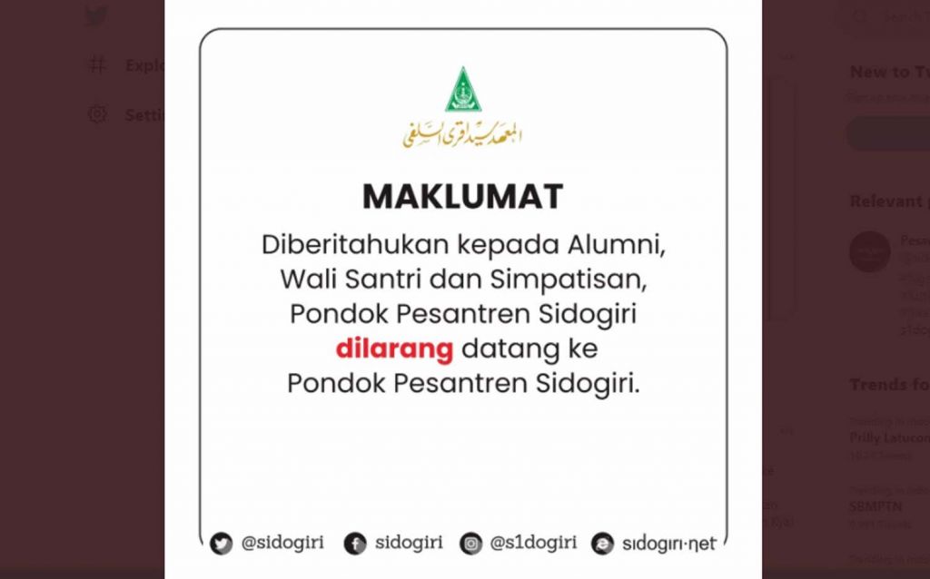 Maklumat Ponpes Sidogiri Pasuruan (Foto: Akun Twitter Pesantren Sidogiri @sidogiri) 