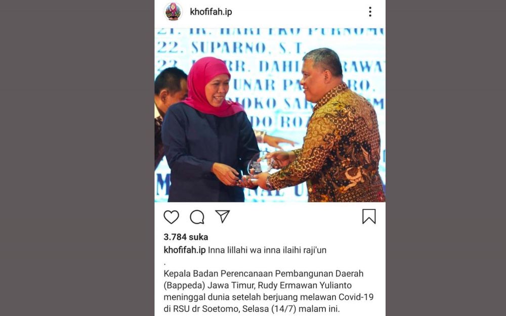 Tangkapan layar postingan Instagram Gubernur Jatim Khofifah Indar Parawansa