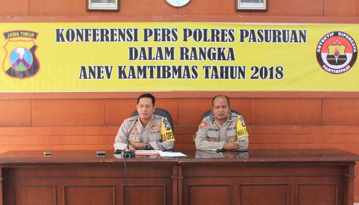 Kapolres Pasuruan, AKBP Rizal Martomo (kiri) memaparkan hasil ungkap selama tahun 2018