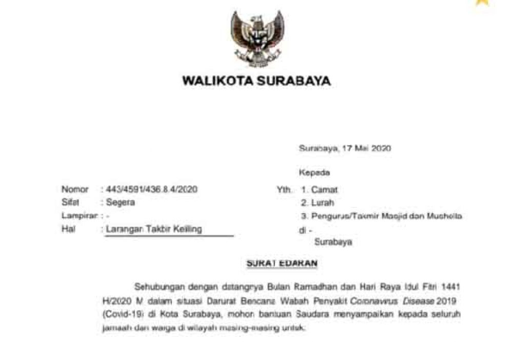 SE Wali Kota Tri Rismahari tentang larangan takbir keliling