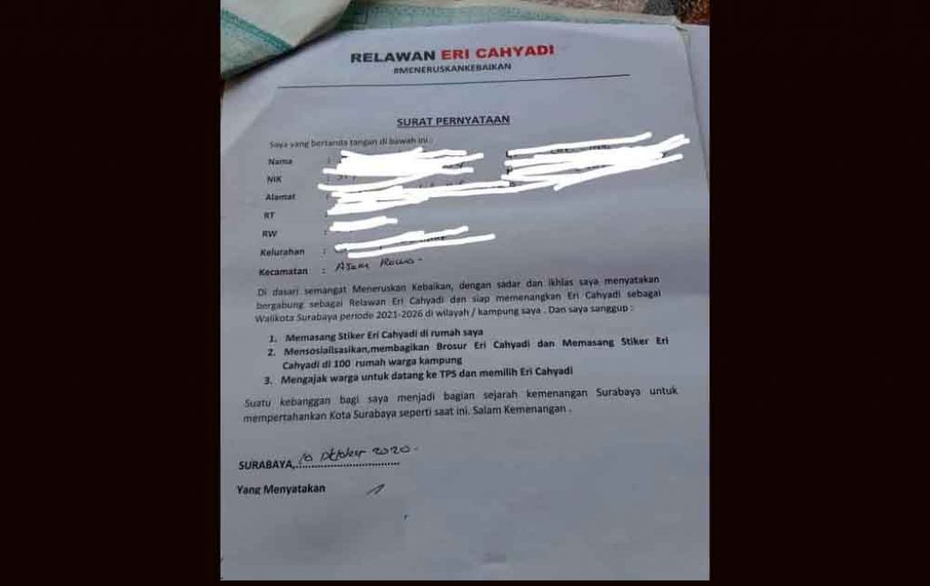 Surat pernyataan Relawan Eri Cahyadi

