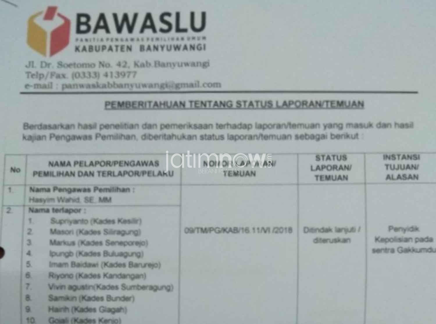 Daftar Kades yang dilaporkan ke Bawaslu./Foto: Dokumen jatimnow.com.