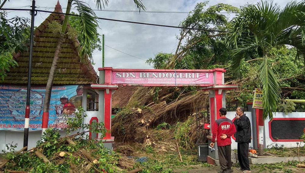 Gedung SD Negeri 01 Bendogerit, Kota Blitar yang rusak tertimpa pohon