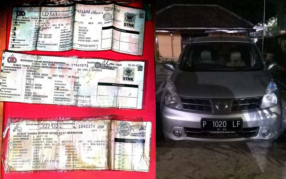 Kolase STNK palsu dan mobil hasil curian yang disita dari Muntai cs, sindikat pemalsuan dokumen kendaraan
