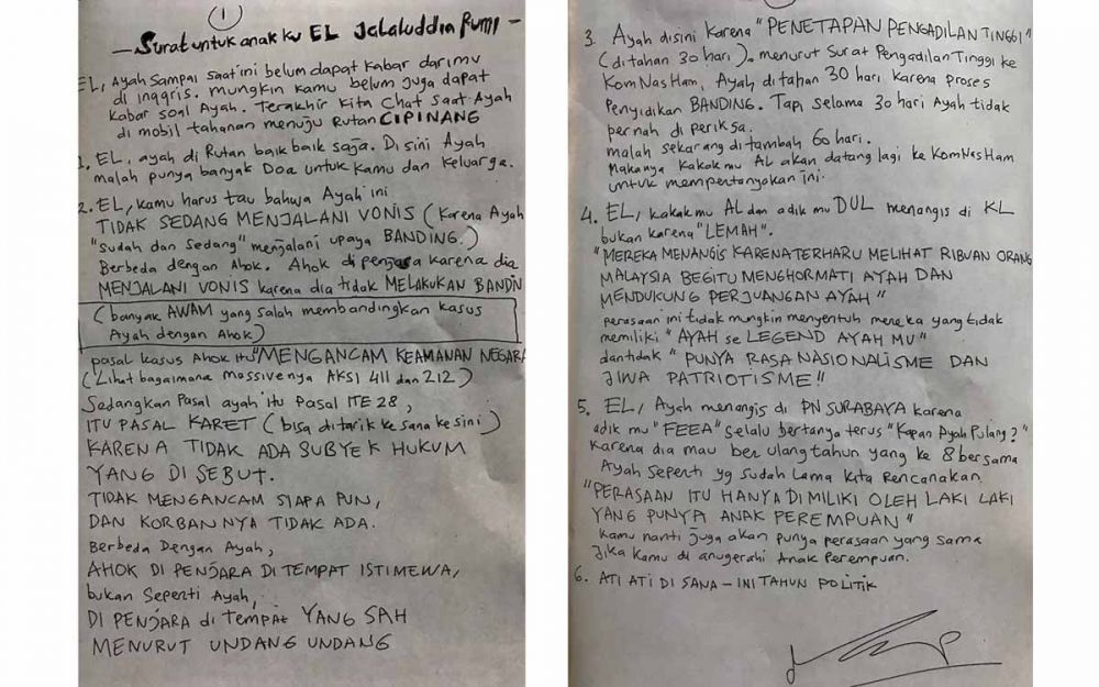 Surat Ahmad Dhani untuk anaknya El Jalaludin Rumi