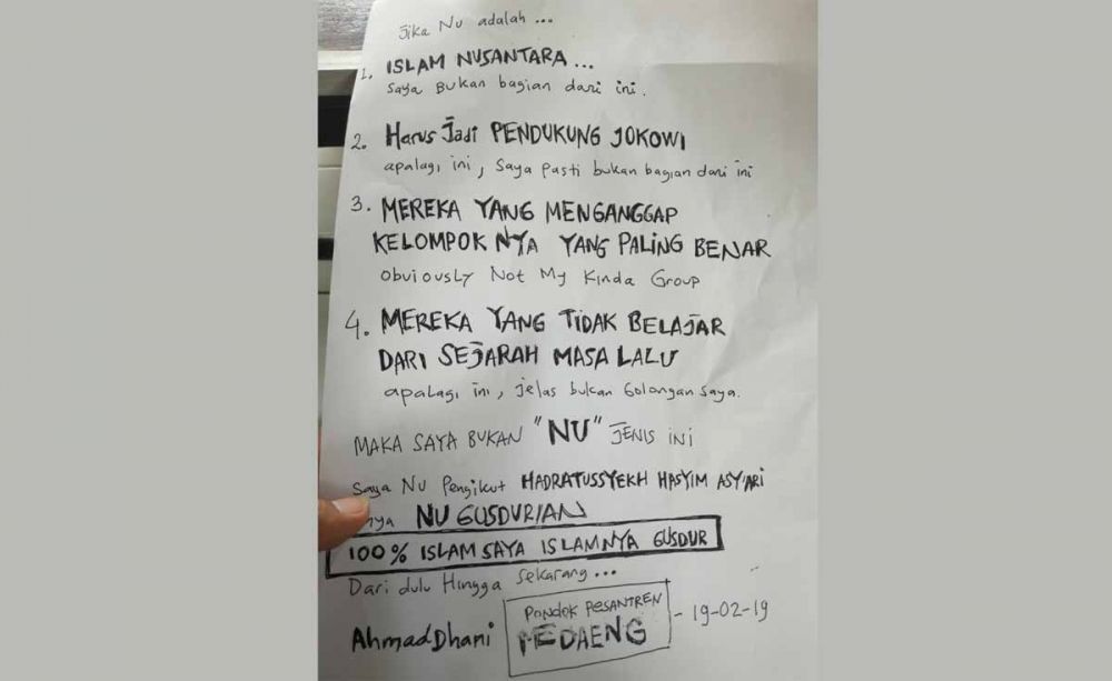 Surat Ahmad Dhani tentang NU yang dibagikan ke wartawan di PN Surabaya