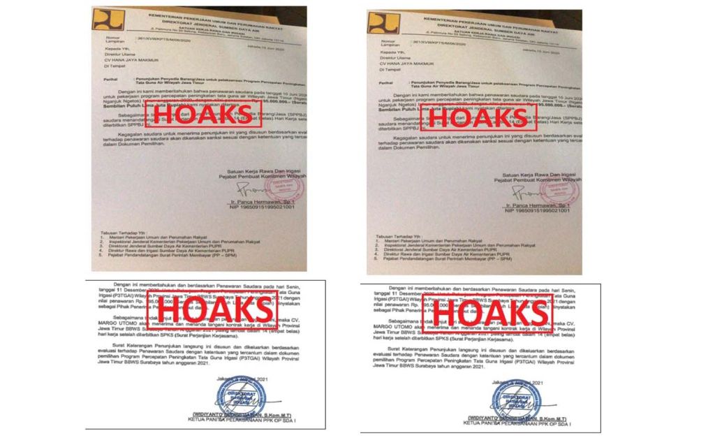 Salah satu bagian surat palsu penunjukkan penyedia barang/jasa BBWS Brantas yang beredar