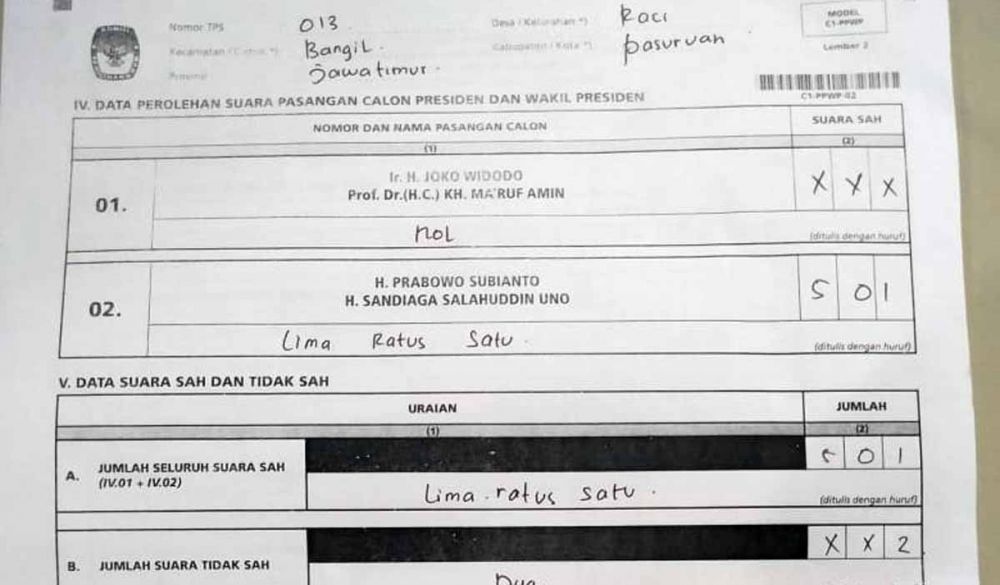Form C1 di TPS 13 Desa Raci, Kecamatan Bangil, Kabupaten Pasuruan