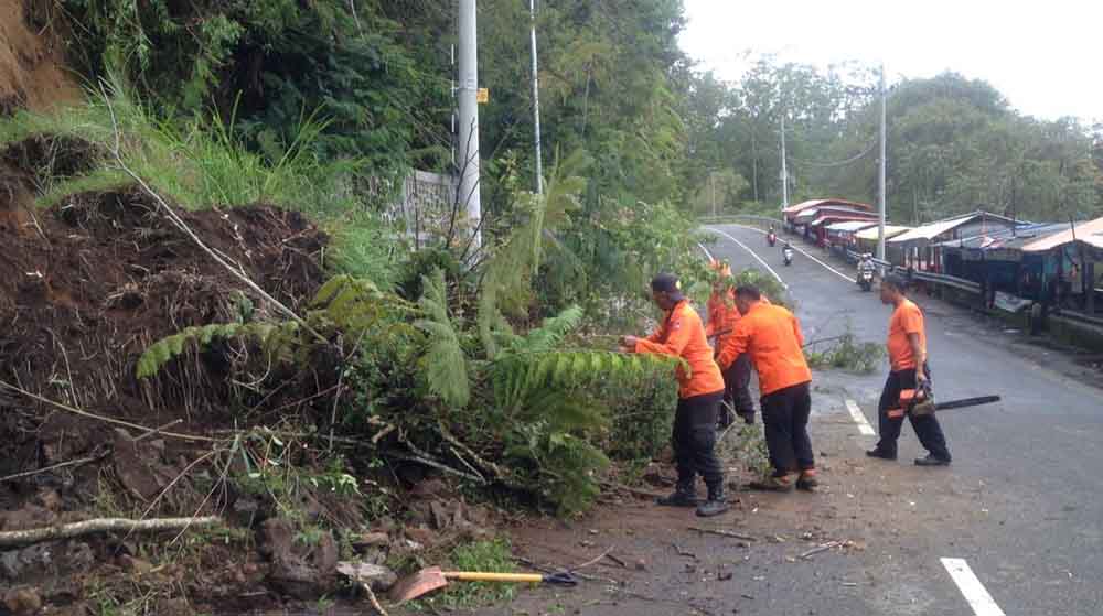 Petugas BPBD Magetan membersihkan tebing yang longsor di Jalan Raya Sarangan Magetan