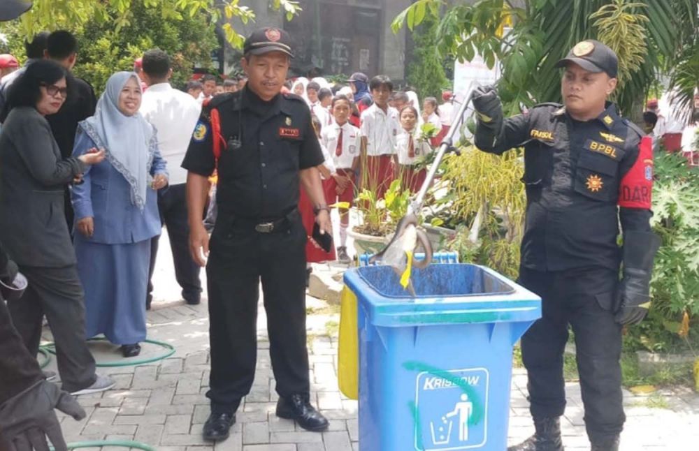Petugas BPB Linmas Kota Surabaya mengevakuasi ular kobra di SDN Sutorejo 1, Mulyorejo