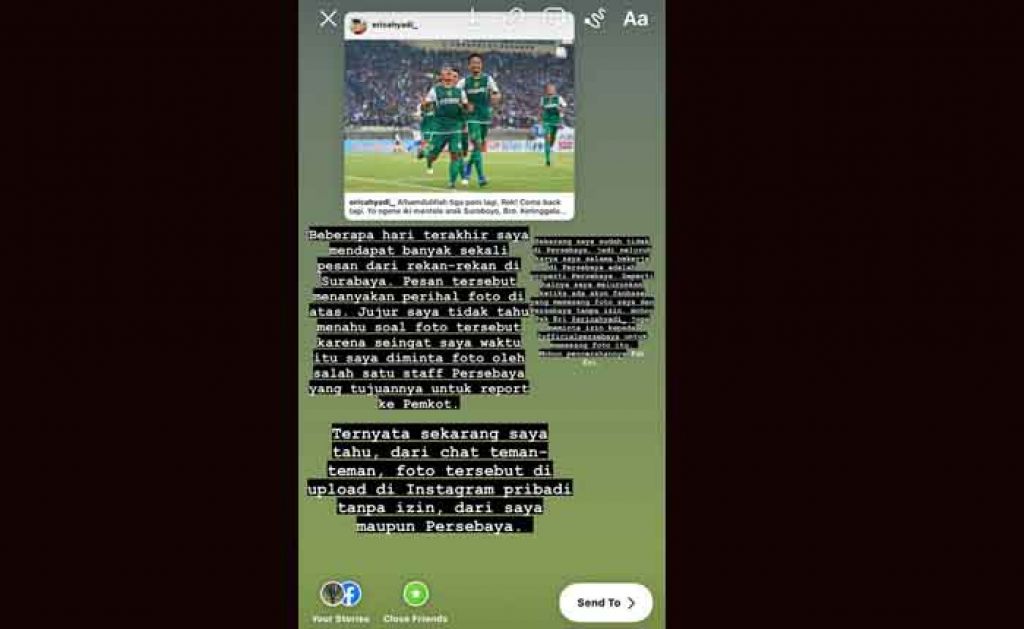angkapan layar dari akun Instagram @j.yohvinno sebagai fotografer yang mengambil gambar tersebut. Di sana juga disebutkan pihak @ericahyadi_. tidak mengantongi izin dari fotografer maupun Persebaya.