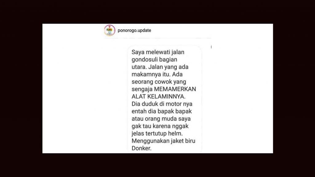 Tangkapan layar tulisan seorang perempuan di Ponorogo jadi korban teror alat kelamin