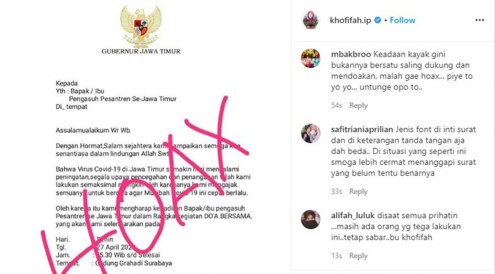 Surat undangan untuk Ponpes di Jatim yang dinyatakan hoaks oleh Gubernur Khofifah