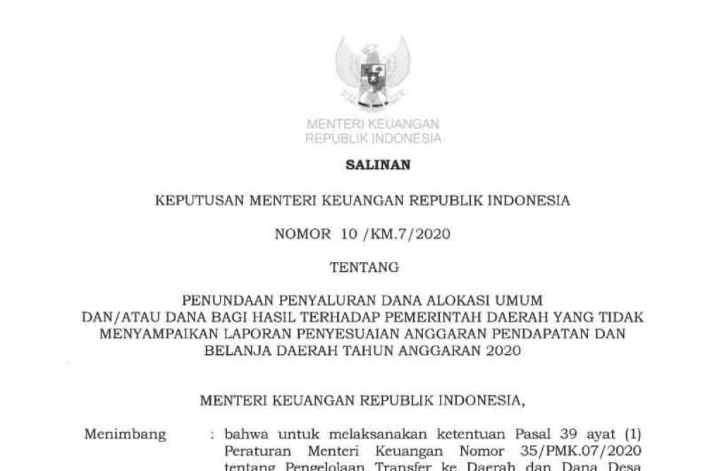 Salinan Keputusan Menteri Keuangan tentang penundaan penyaluran dana alokasi umum (DAU)