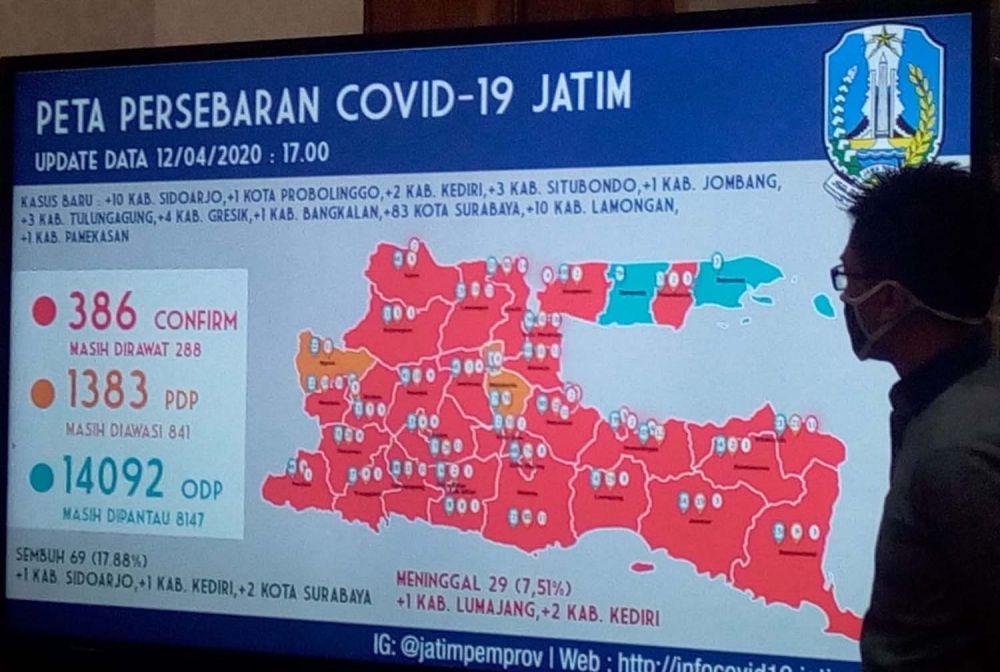 Peta sebaran Covid-19 di Jatim per 12 April 2020